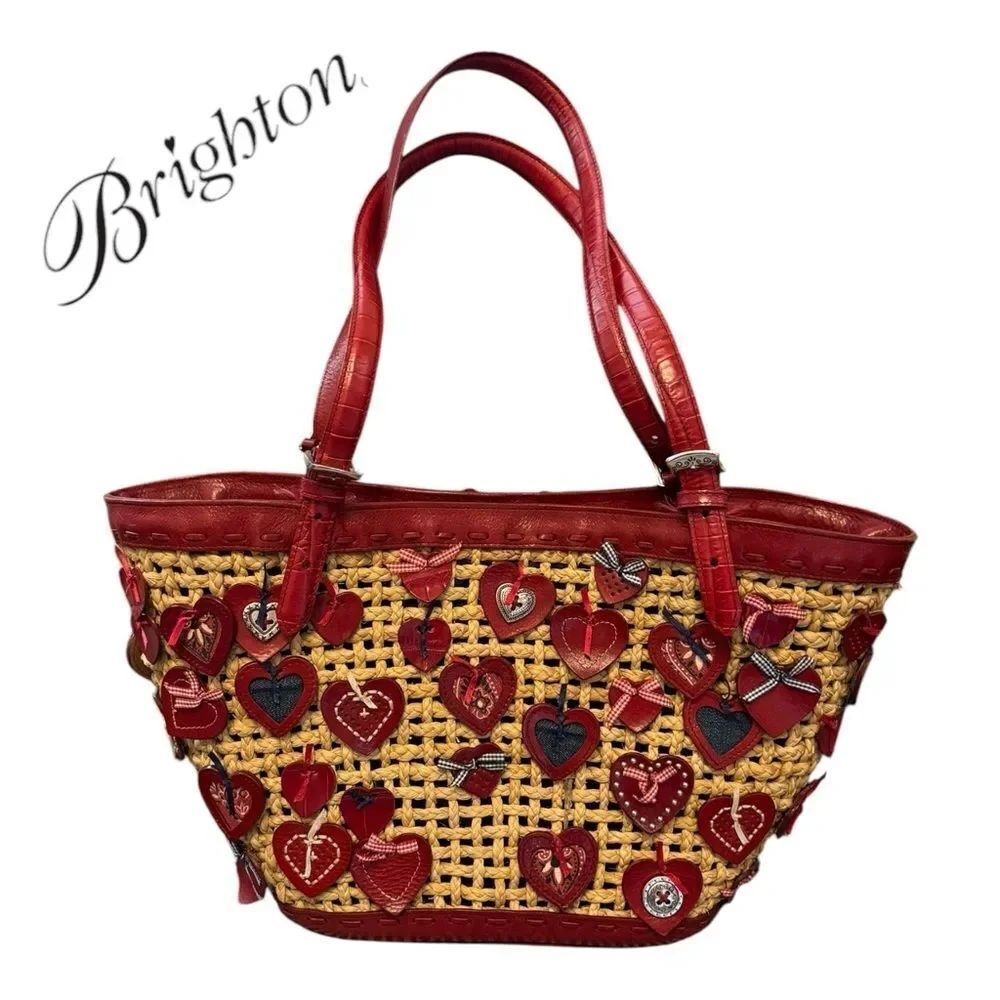 Vintage Brighton Linda Straw and Red Leather Denim Multi Heart Tote Bag RETIRED